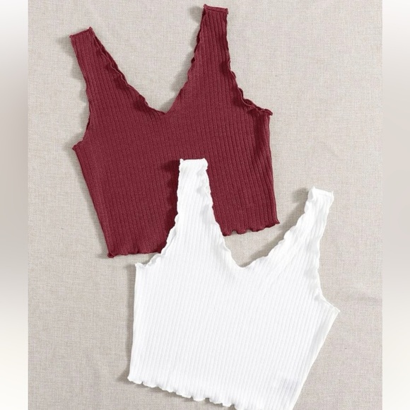 SHEIN Tops - SHEIN 2 Pack V-Neck Lettuce Trim Rib-Knit Tank Top